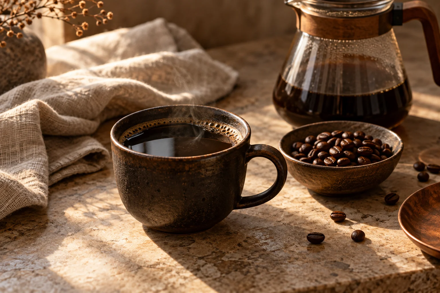 Black coffee in a ceramic cup beside roasted beans and an unbranded glass server